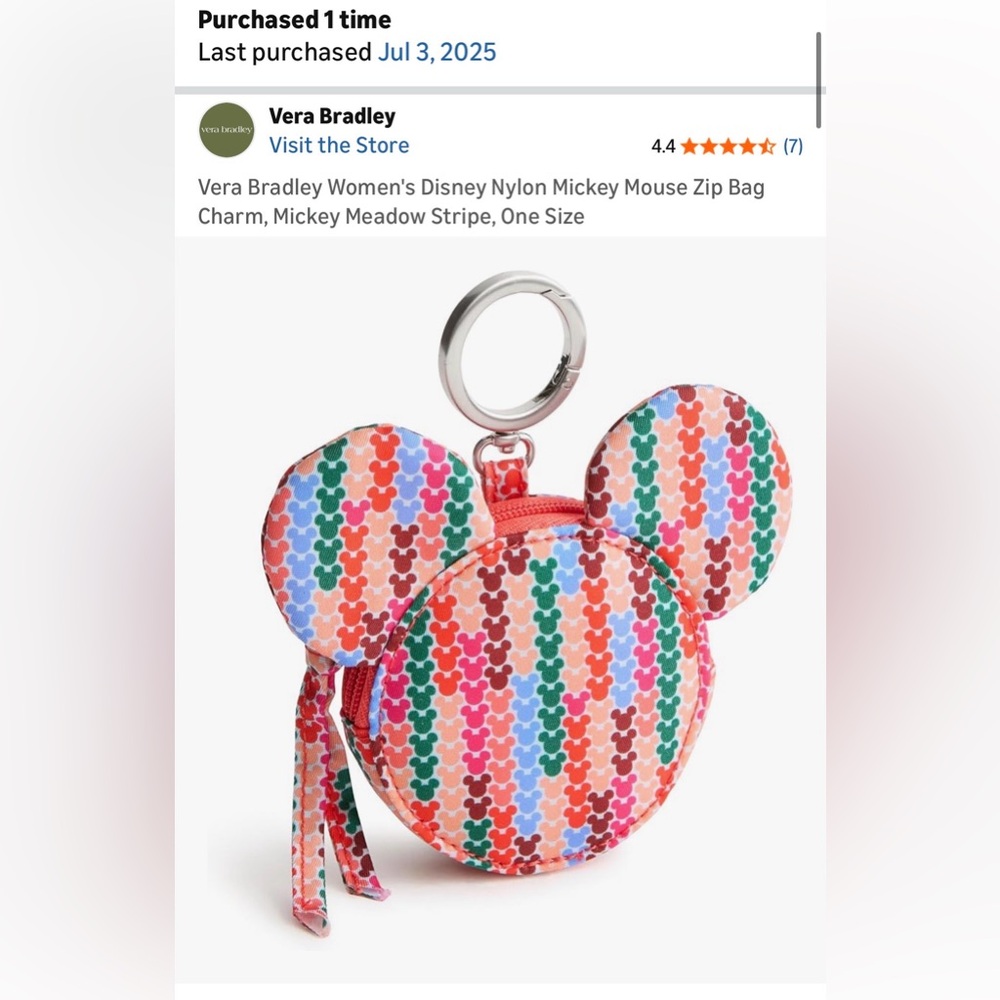 Vera Bradley Disney Mickey Mouse Zip Bag Charm